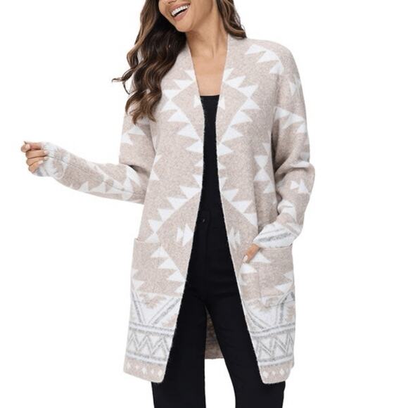 Frye Aztec Jacquard Pattern long open cardigan beige - XS - Picture 1 of 11
